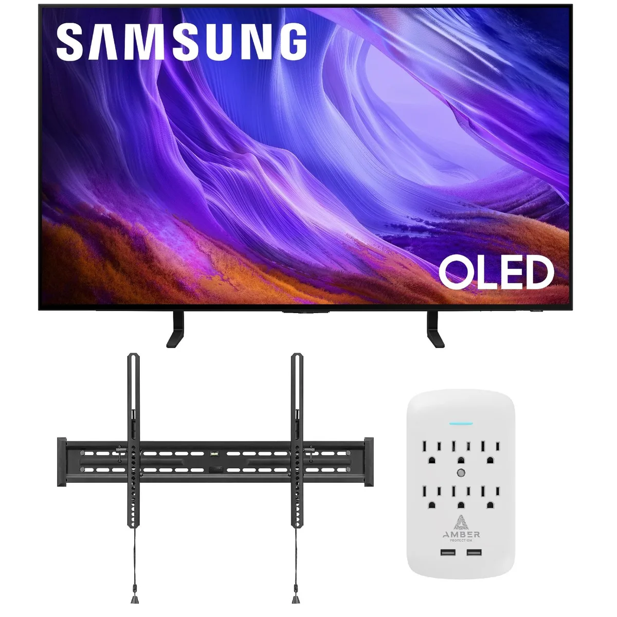 SAMSUNG SAMSUNG QN48S85HAEXZA 48" 4K OLED TV bundle with WaltsTV tilt mount 43-98" and Amber 6-outlet surge protector — product photo