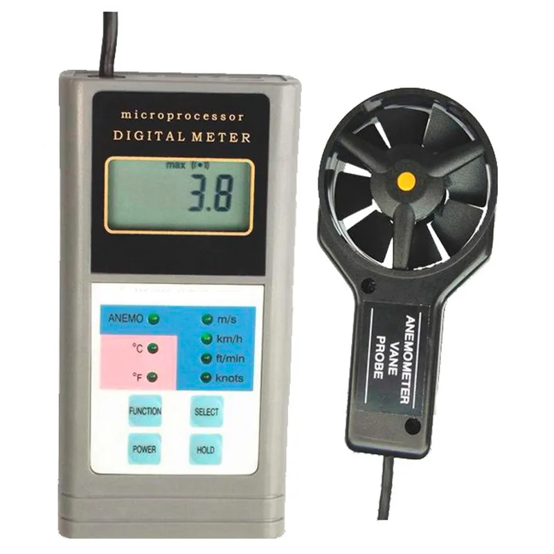 Red handheld anemometer with LCD display and probe