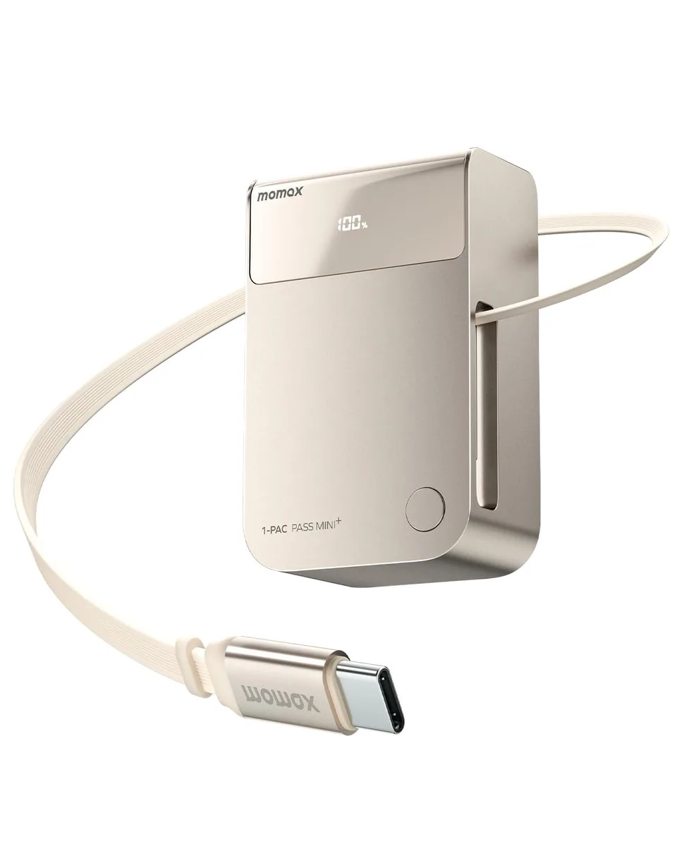 MOMAX Technology Ltd. MOMAX IP171L 10000mAh power bank 45W retractable cable Natural Titanium — product photo