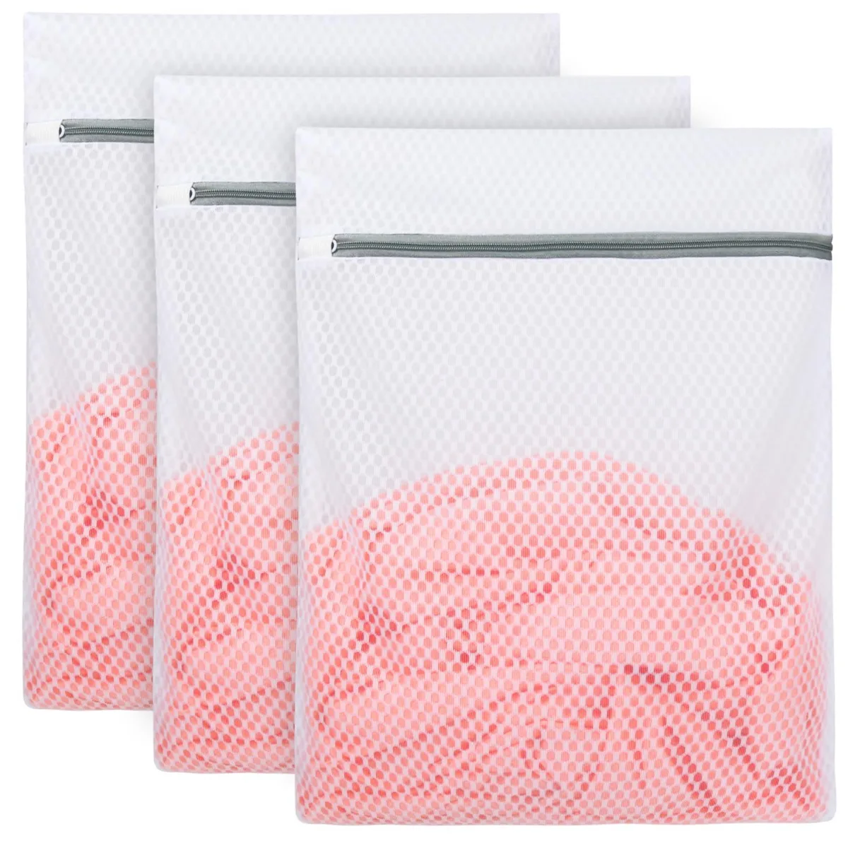 Three white polyester mesh bags with plastic zippers, each 12.5 by 16 inches