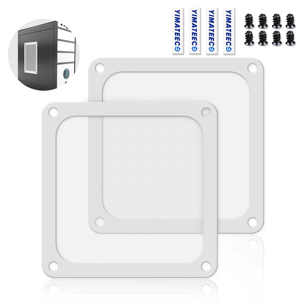 Two white square magnetic dust filters with fine mesh and gel pads