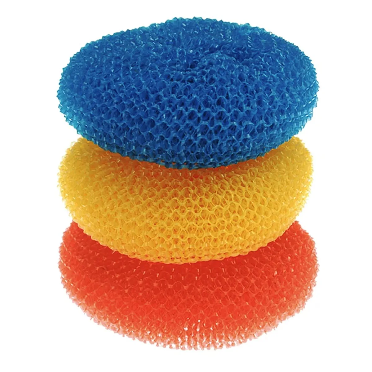 Three rectangular plastic mesh scouring pads in red blue and yellow