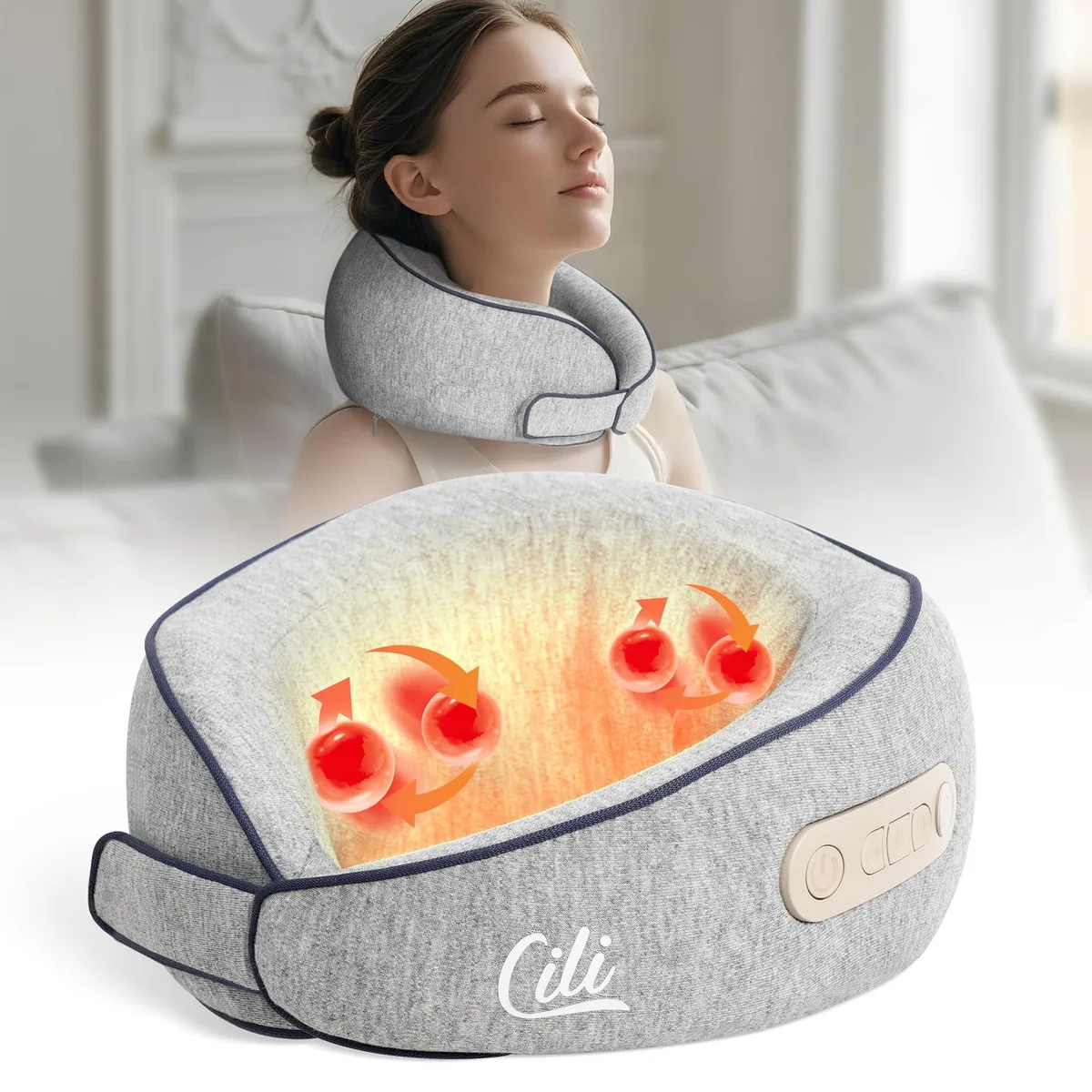 Gray wrap-around neck massager pillow with magnetic buckle closure
