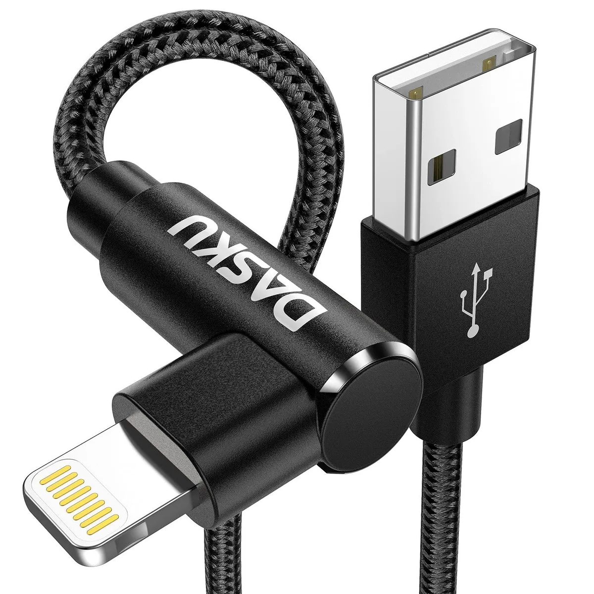  GE iPhone Charger 90° Right Angle Lightning Cable 10ft Nylon Braided Black 2-Pack — product photo