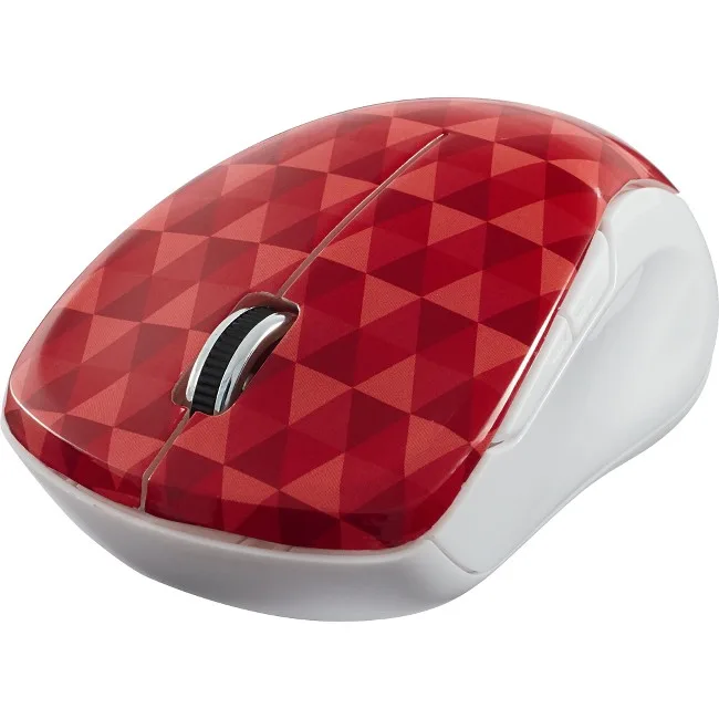 Red diamond-patterned wireless mouse with blue LED sensor and USB nano receiver