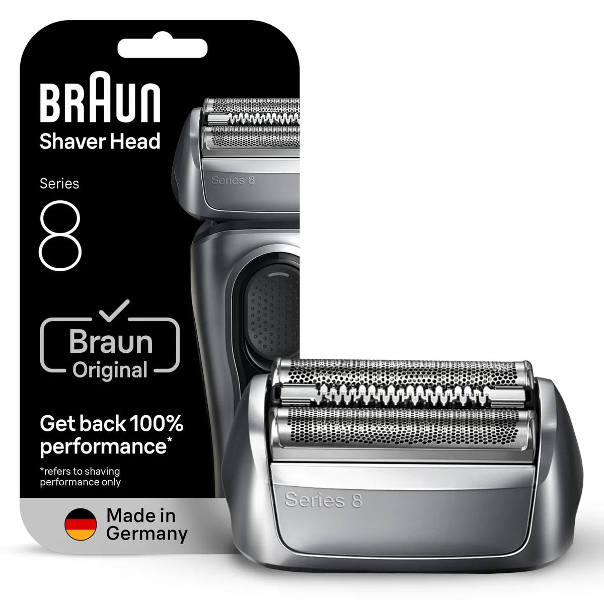 Silver replacement shaver head, compact rectangular cassette with foil surface