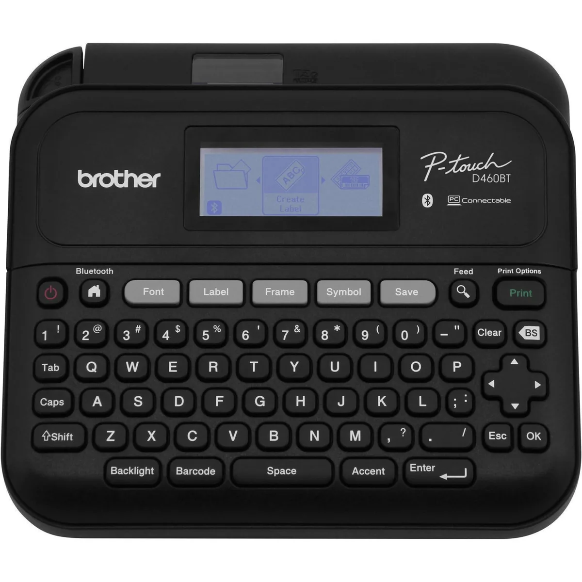 Compact white label printer with integrated keyboard and display