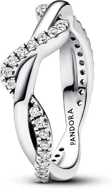 Sterling silver ring with intertwined wave bands, one pavé-set