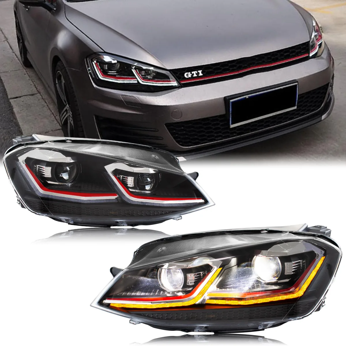 inginuity time inginuity time LED Facelift Headlights Golf 7 VII MK7 2015-2017 Red Line Sequential Indicator Set of 2 — product photo