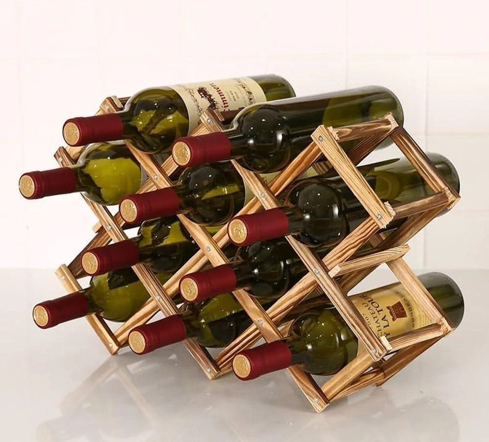 Foldable carbonized pine wine rack holding ten bottles, 18 by 5 by 12 inches, charcoal finish