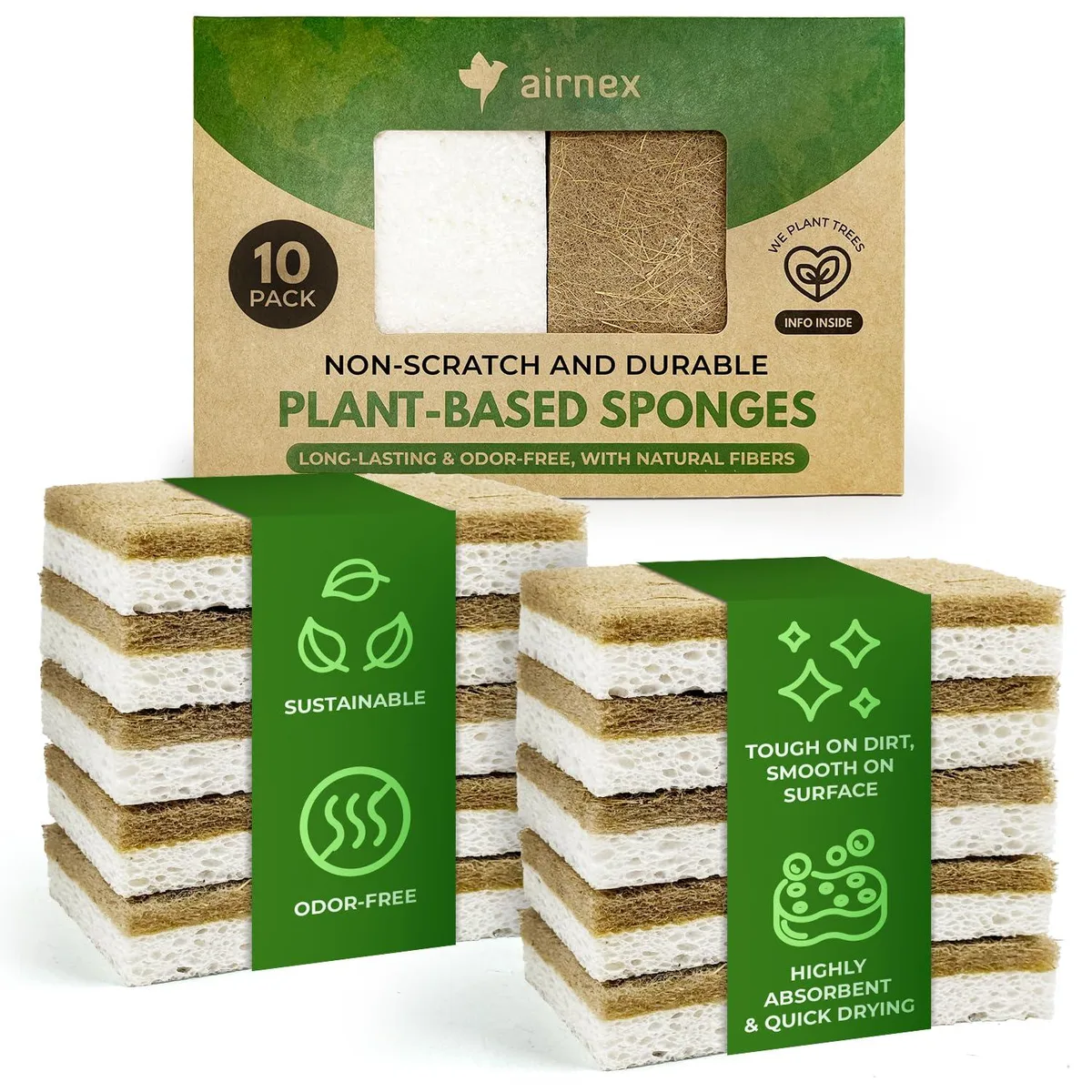 Ten white cellulose sponges with brown coconut walnut scrubbers in a rectangular pack