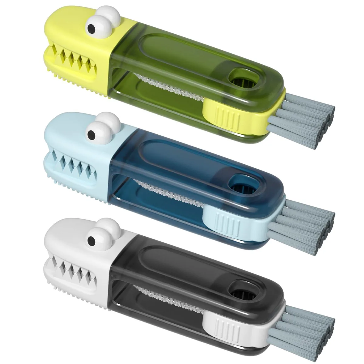 Three multicolored cleaning brushes with U-shaped silicone, slit and stiff bristle heads on a rotating handle