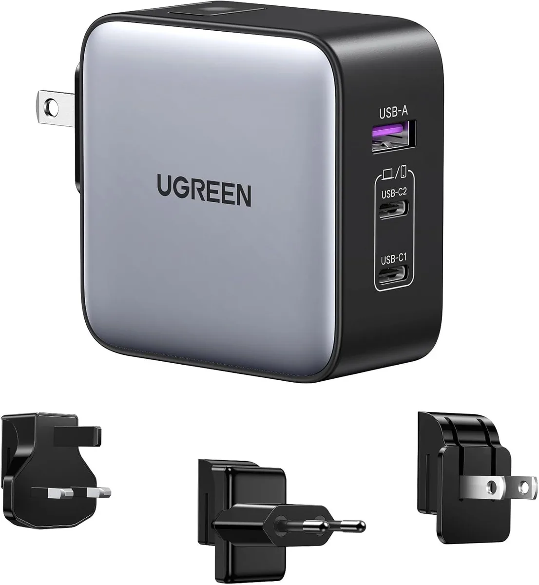 Kenuco Kenuco 65W USB-C GaN travel adapter with US/UK/EU plugs — product photo