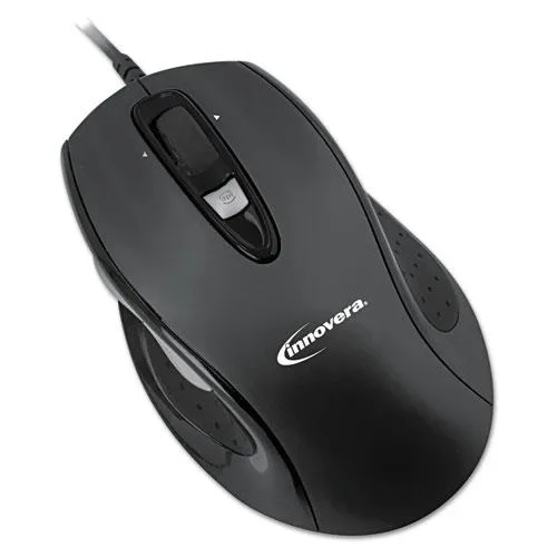 Red full-size wired optical mouse with scroll wheel and rubber side grips