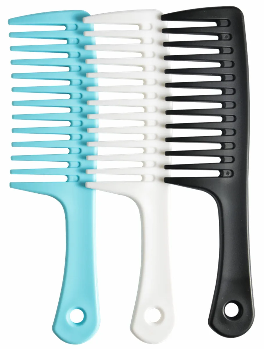 Three wide-tooth combs in blue, white and black plastic