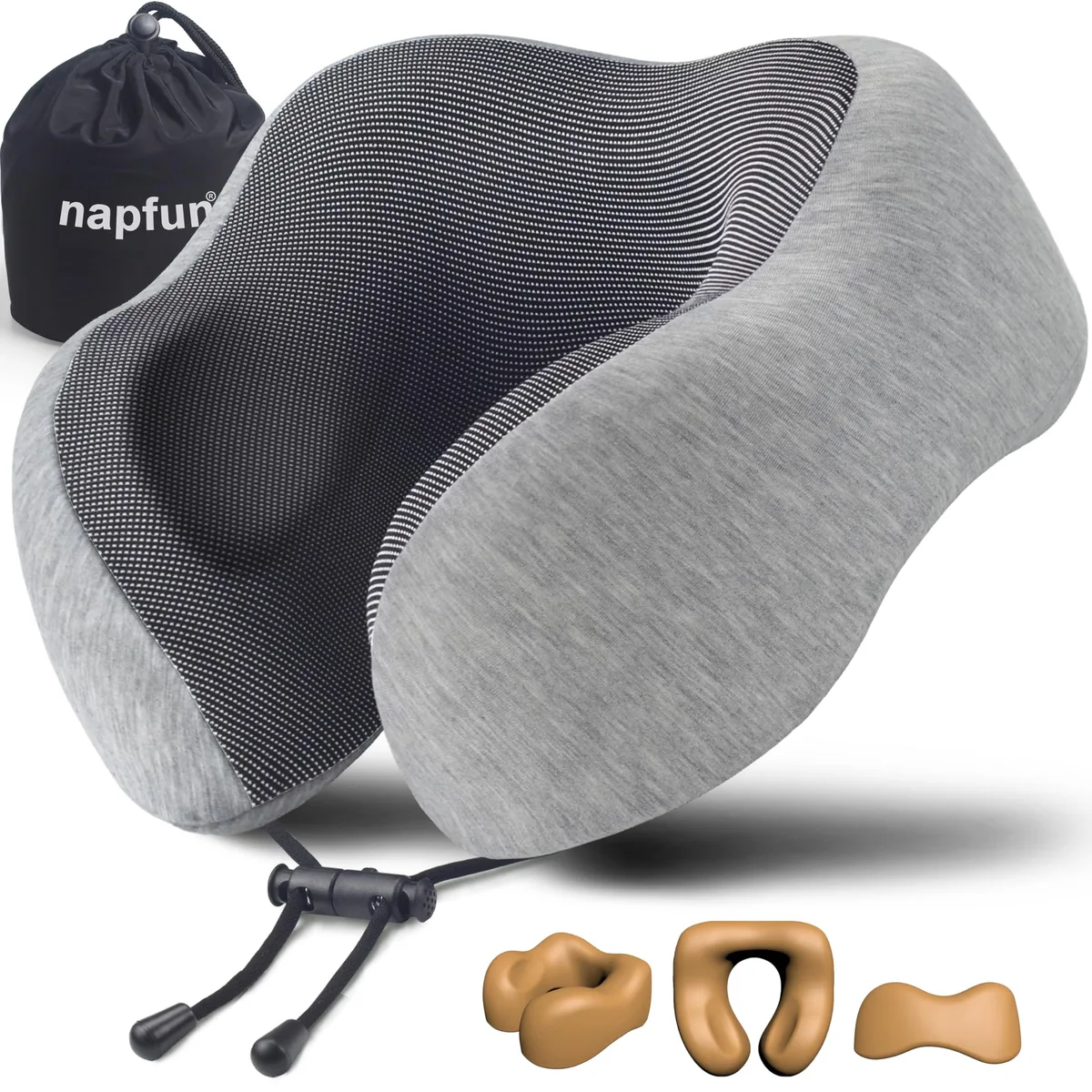 Light grey memory foam travel pillow with chin-support contour and adjustable drawstring