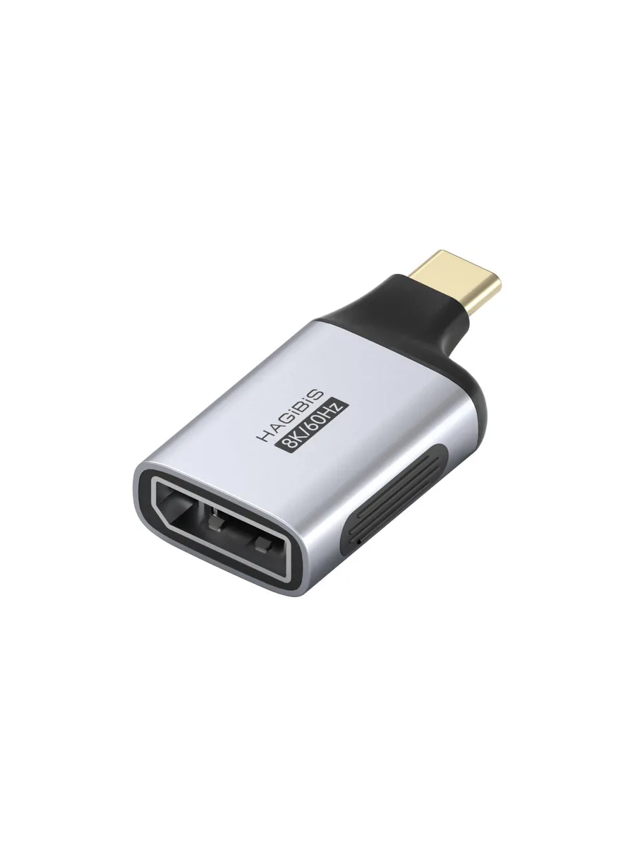 Black rectangular USB-C to DisplayPort adapter with male USB-C and female DP ports
