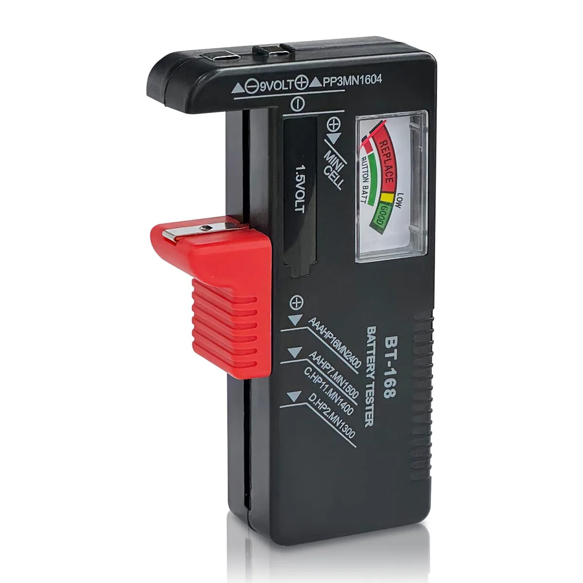 Compact yellow handheld battery tester with sliding contact arm and three-colour LED indicator