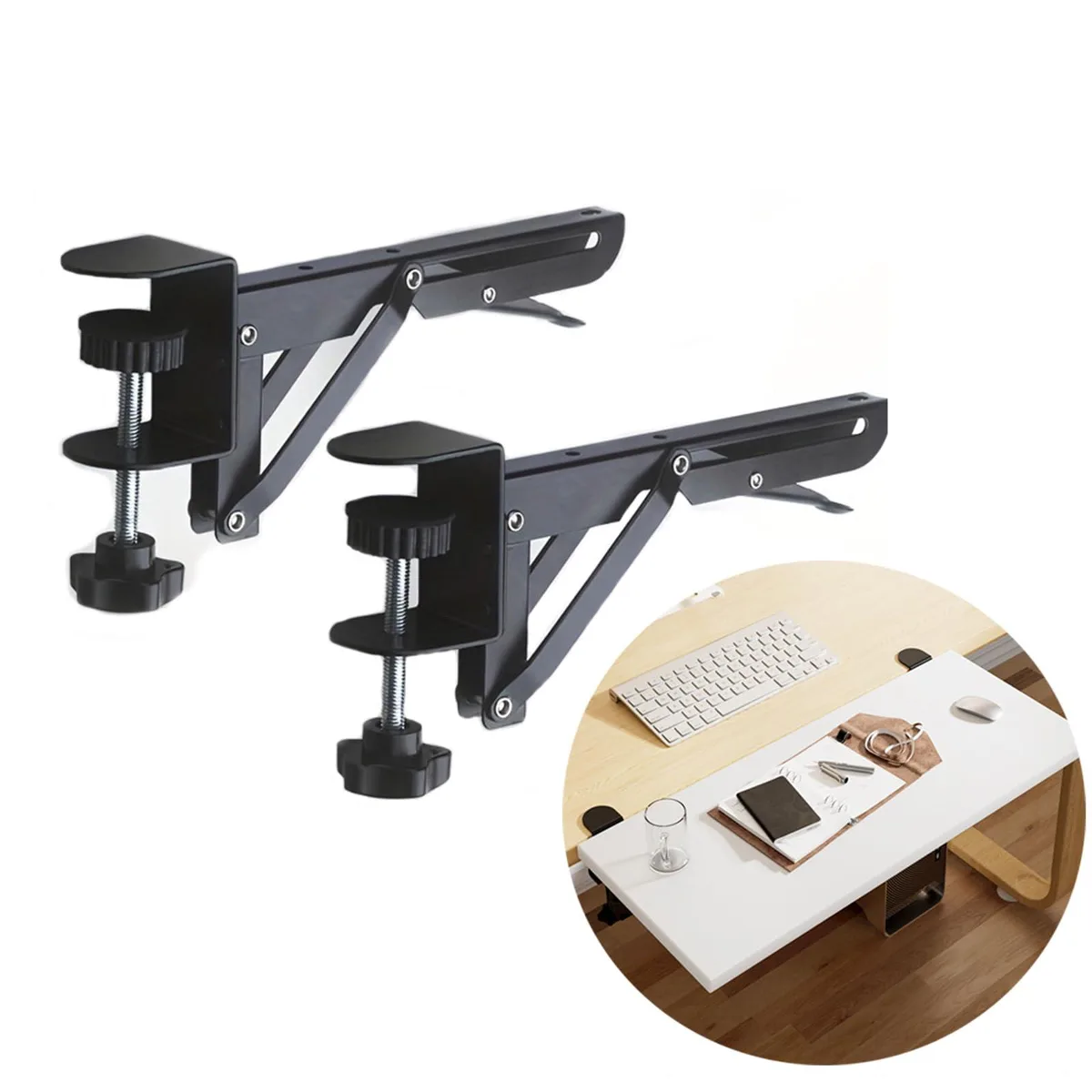Black metal C-clamp keyboard tray bracket with leather finish, foldable arm, no board included