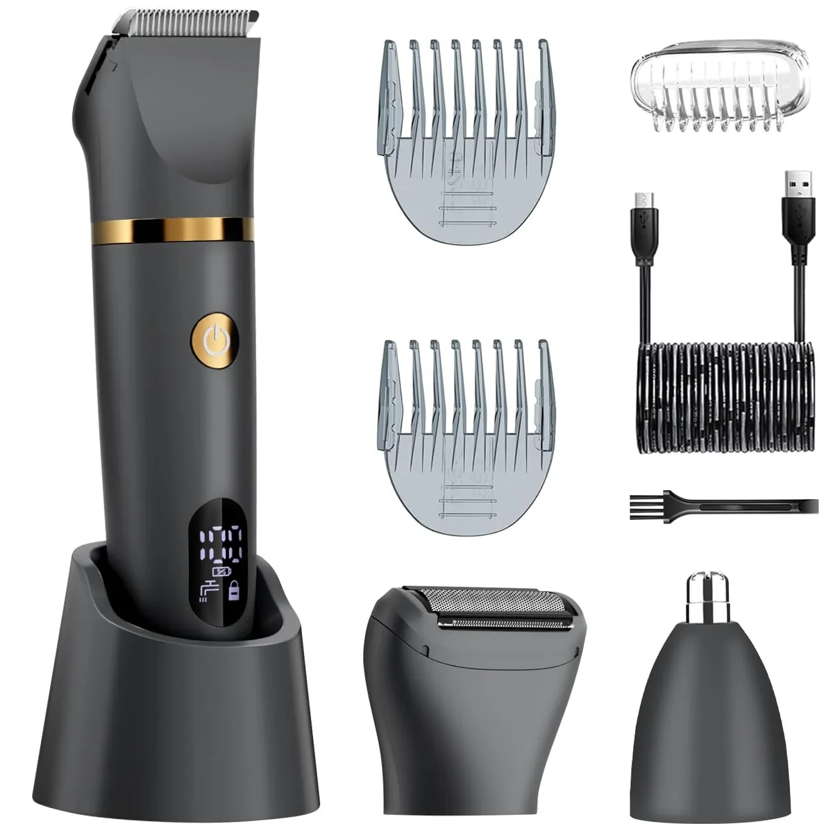Black cordless body groomer with five rotating heads and LED display