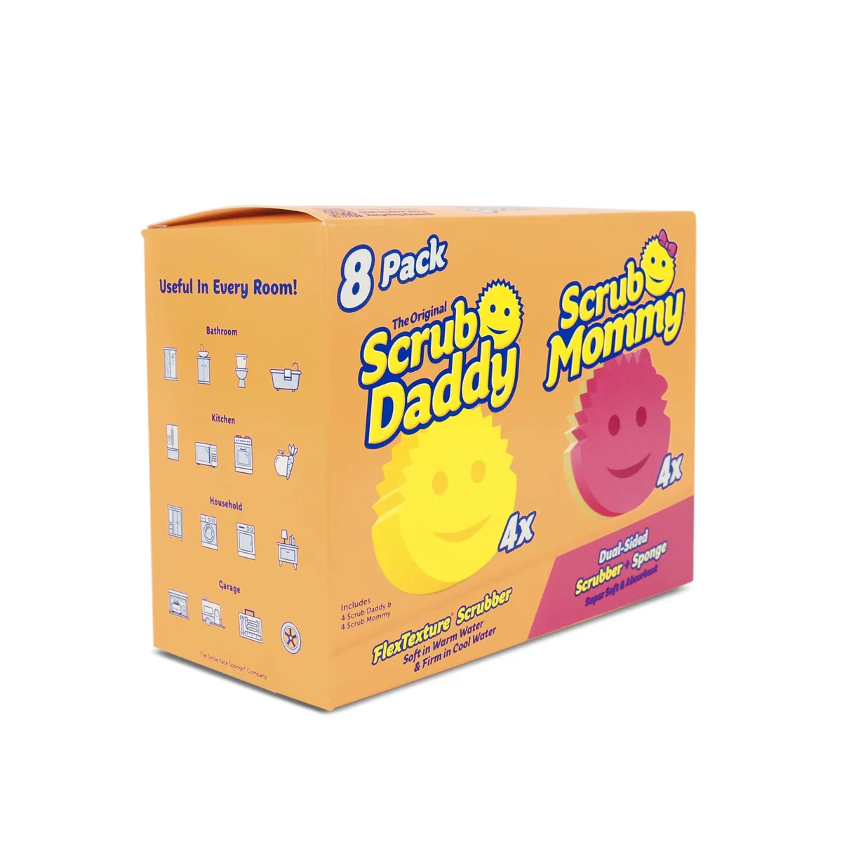 Eight smile-face sponges, four yellow and four dual-sided pink and white, in a clear box