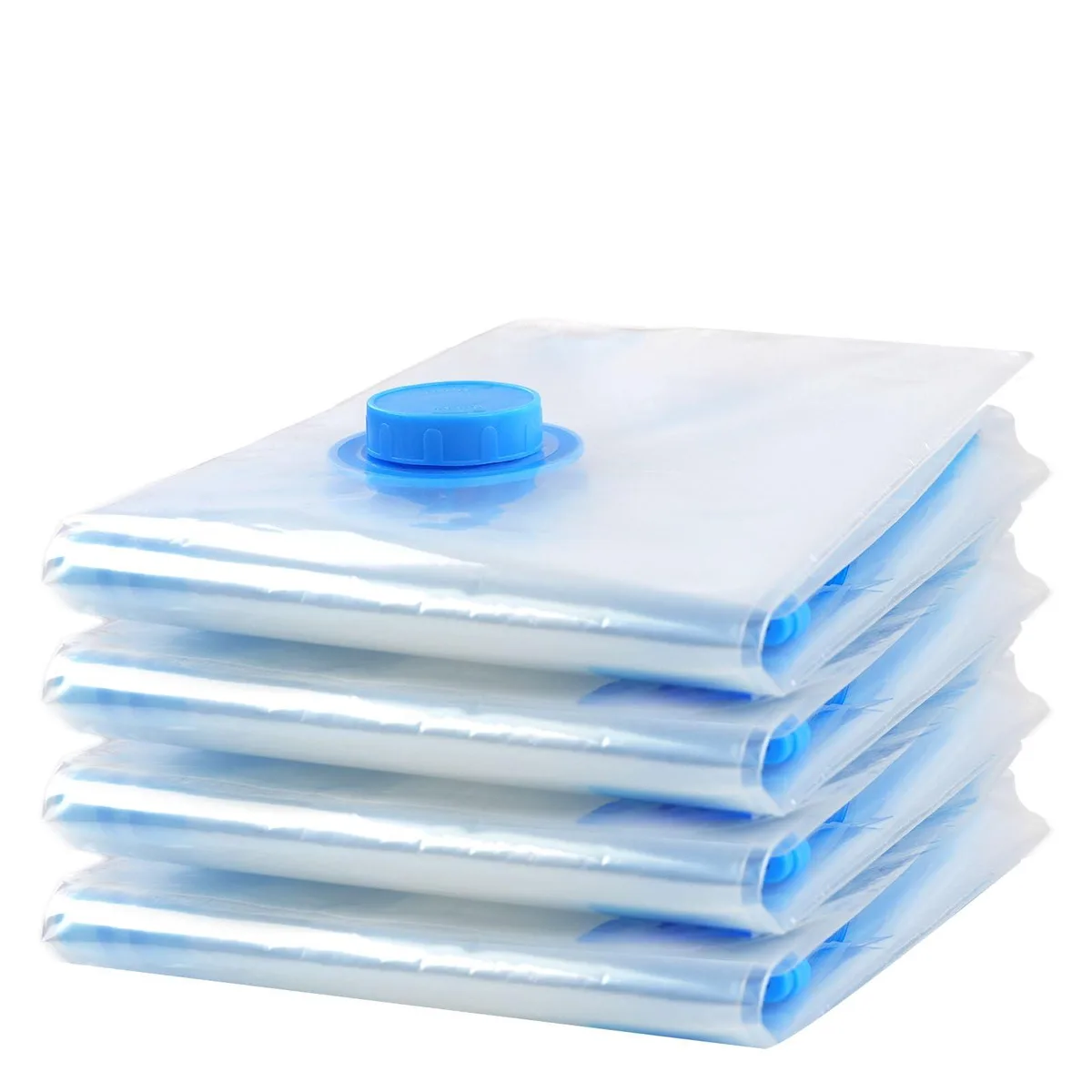 Four flat transparent vacuum storage bags with zip seals and valves stacked together