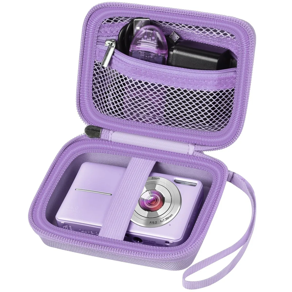 Purple camera case with zippered mesh pocket and elastic strap