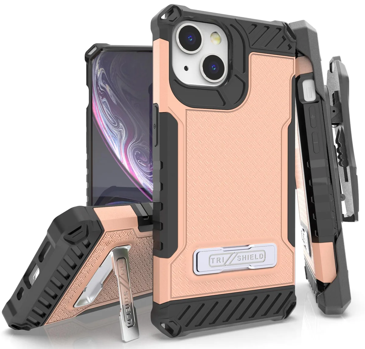 Nakedcellphone Nakedcellphone Tri-Shield Kickstand Case + Belt Clip Holster + Lanyard Strap for iPhone 13 Blush Pink — product photo