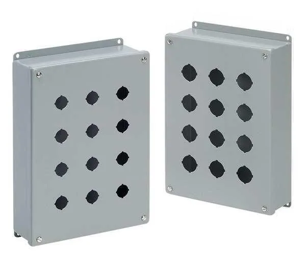 Gray mild steel pushbutton enclosure with five 30 mm holes