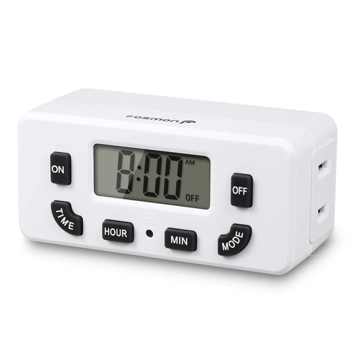 White compact digital timer with LCD screen and side-entry plug