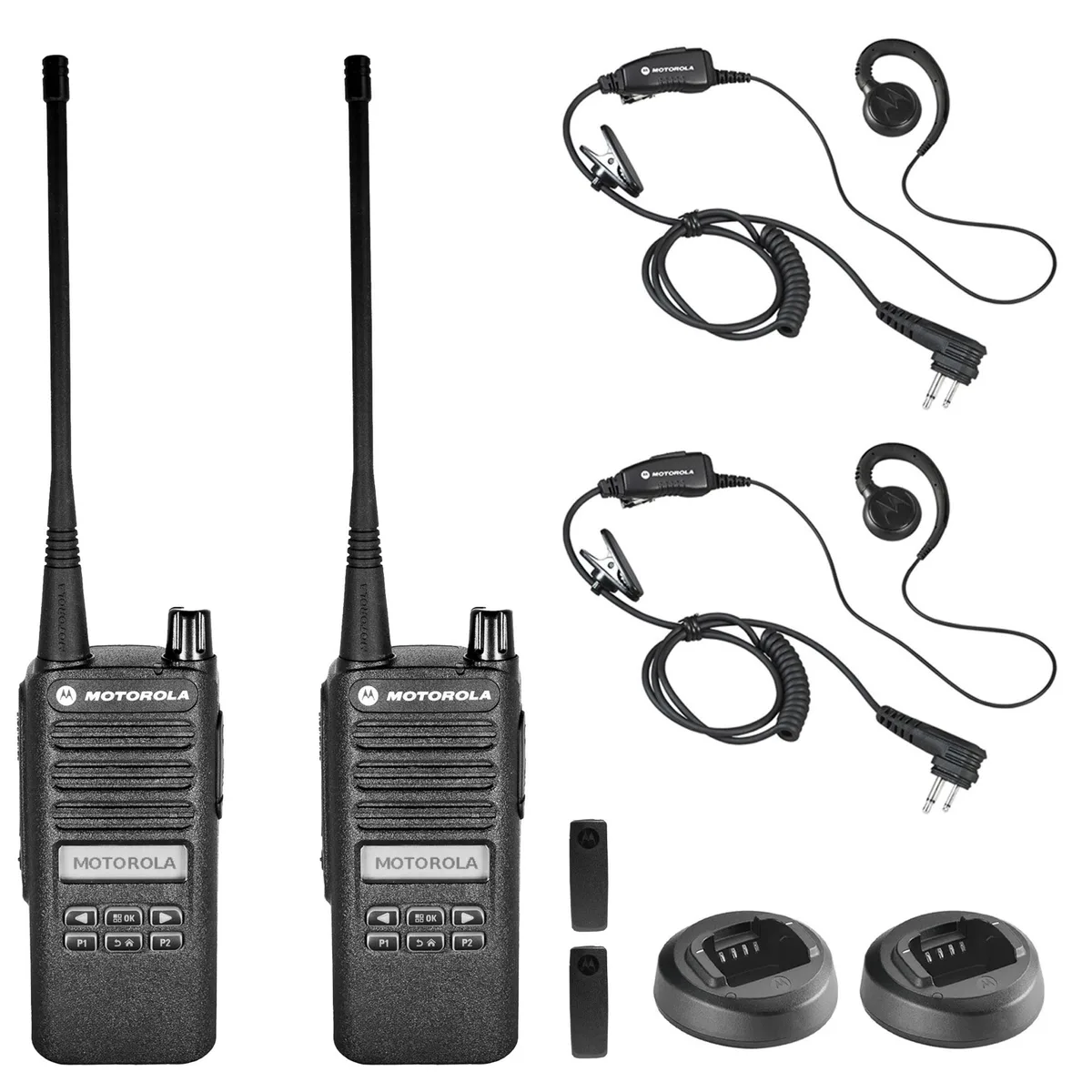Motorola Motorola CP100D UHF 16 Channel 403-480 MHz two-way radio 2 pack with HKLN4604 earpieces — product photo