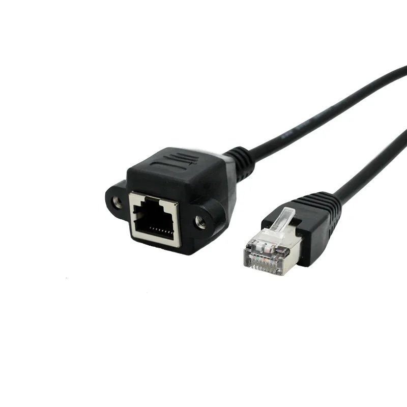 TeKit TeKit RJ45 Male to Female Cat Ethernet Screw Lock Panel Mount LAN Network Extension Cable 1 ft Black Shielded — product photo