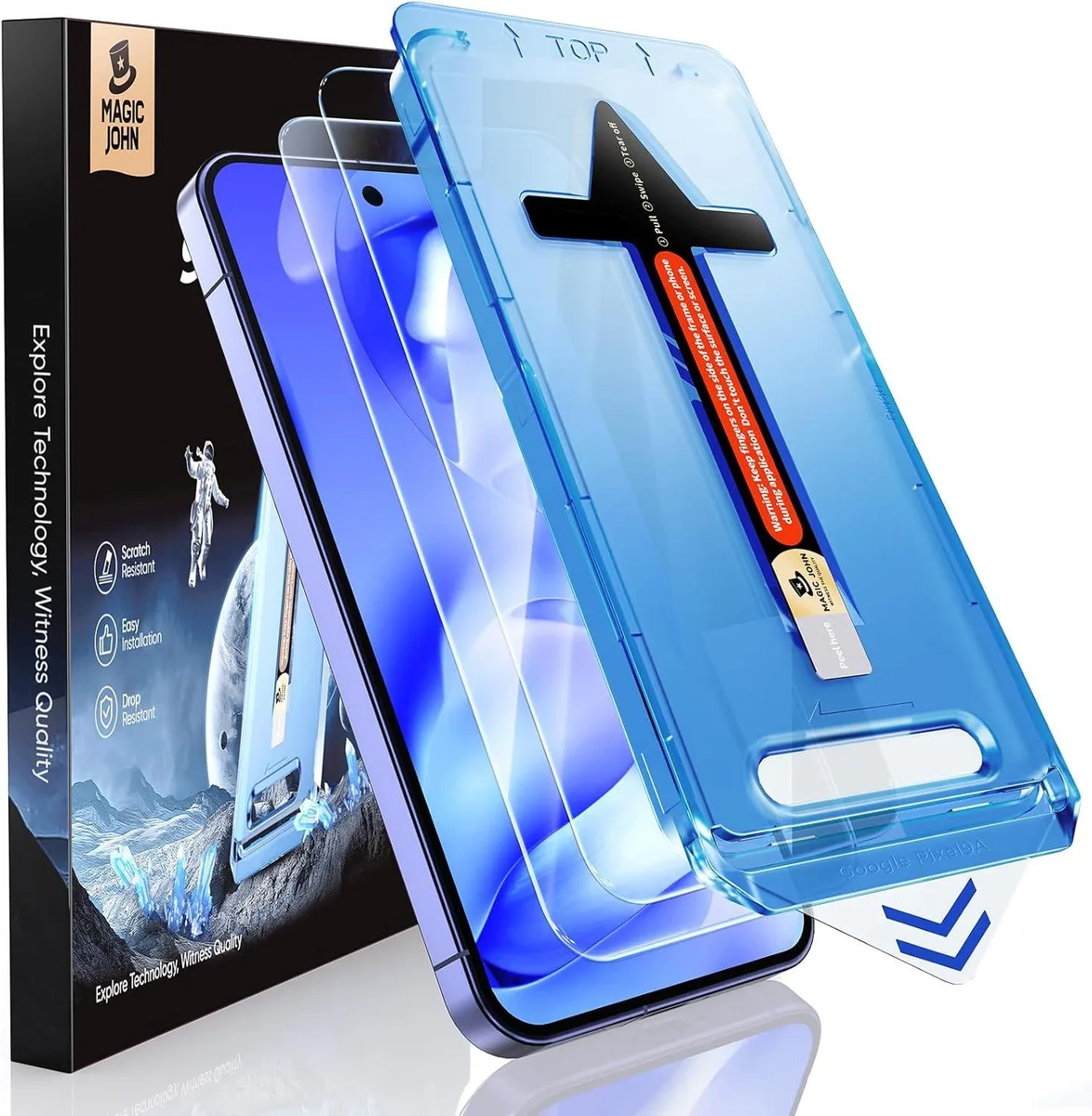 Two clear tempered glass screen protectors for Google Pixel 9A with dust removal kit