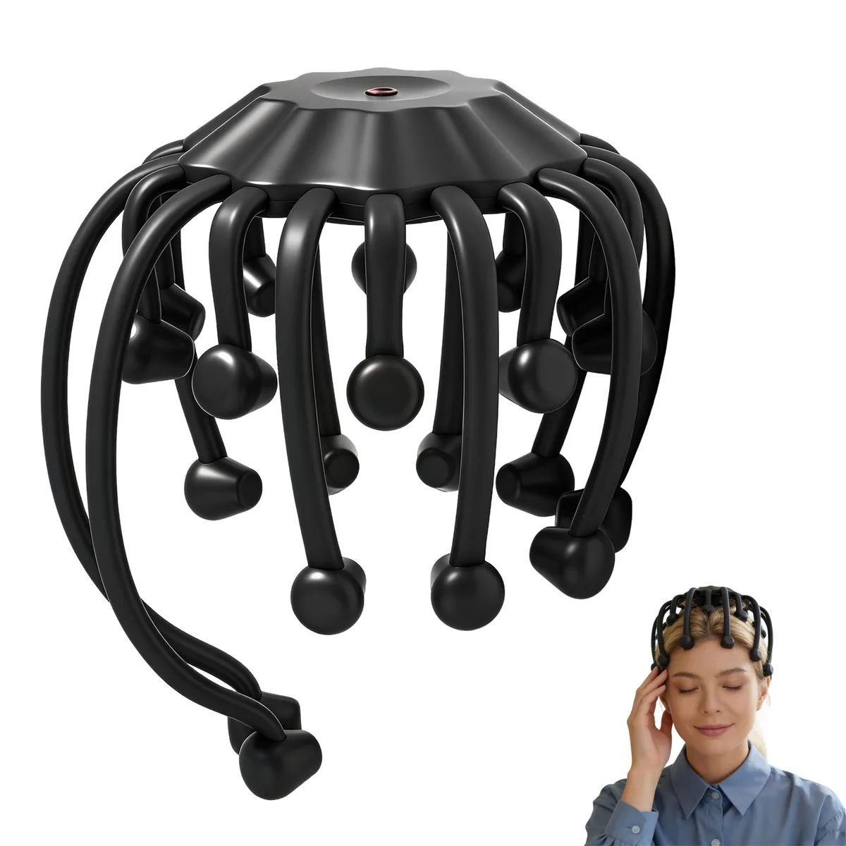 Black octopus-shaped scalp massager with 20 flexible nodes, cordless and battery powered