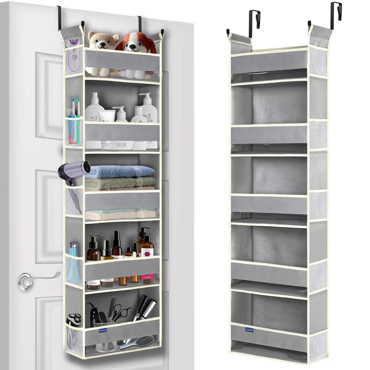 Grey fabric over-door organiser with five shelves and ten mesh side pockets