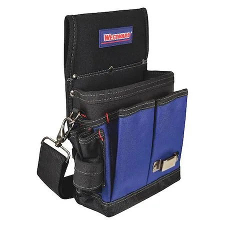Black and blue polyester tool pouch with thirteen outer pockets and adjustable shoulder strap