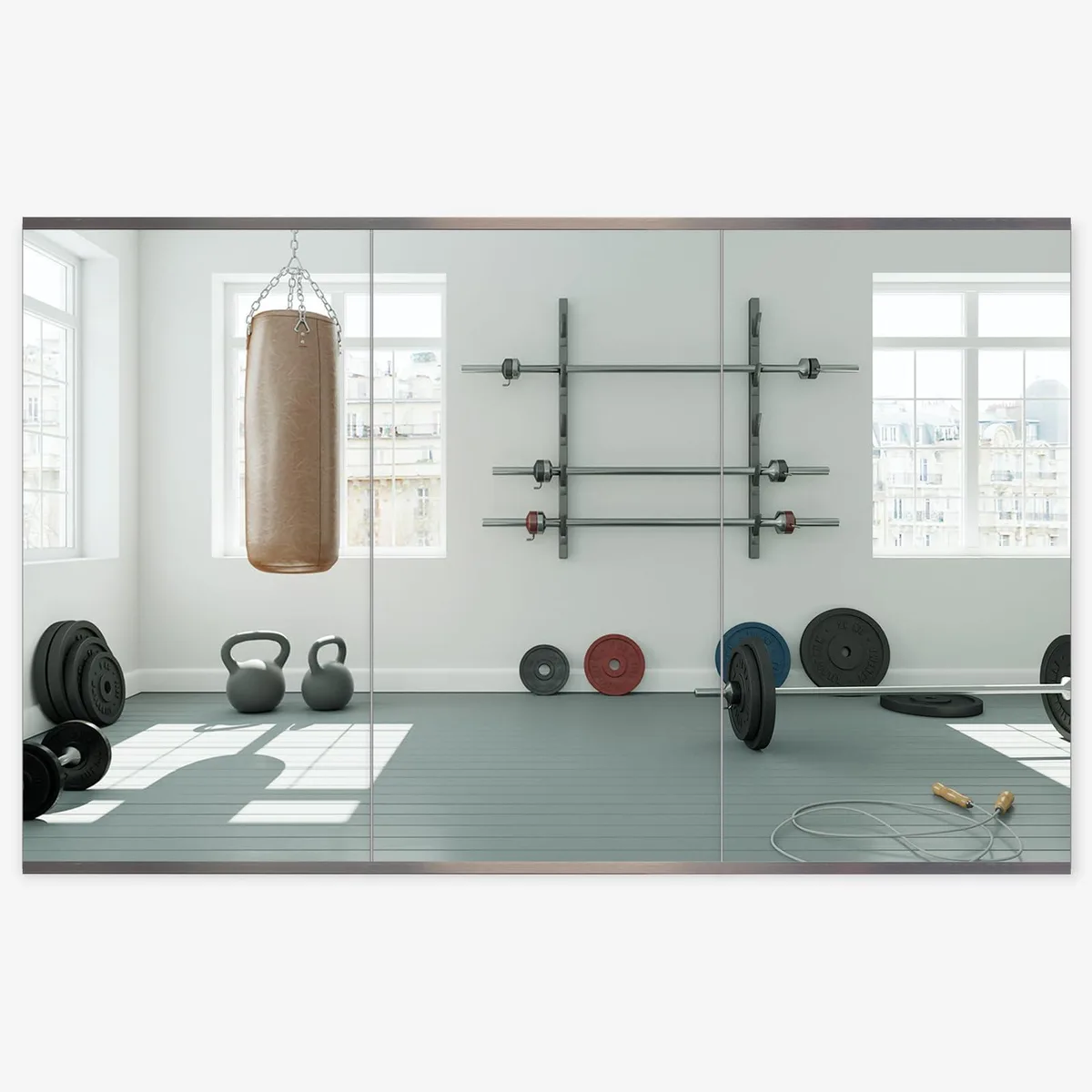 Three rectangular frameless mirrors with polished edges, each 48 by 24 inches, clear glass finish
