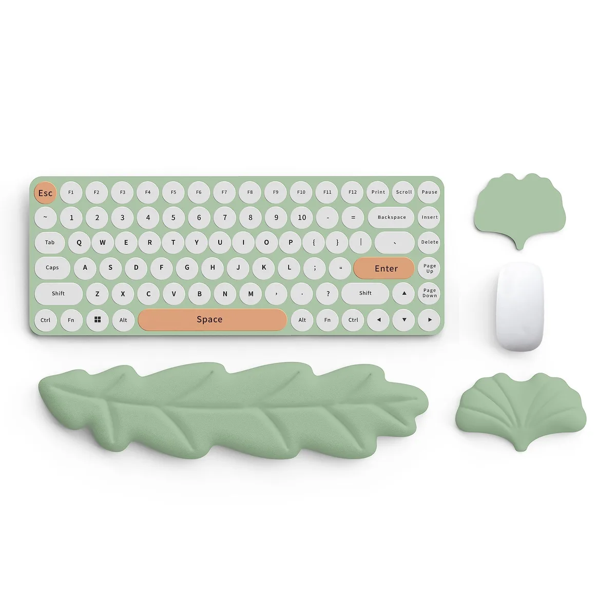 Green leaf-shaped keyboard and mouse wrist rest set, faux leather surface, memory foam base