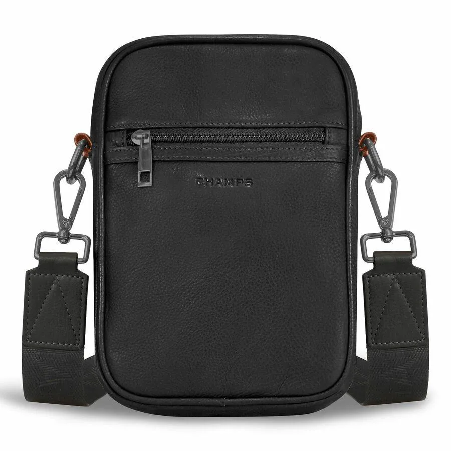 Black leather carrying case with shoulder strap and metal hardware