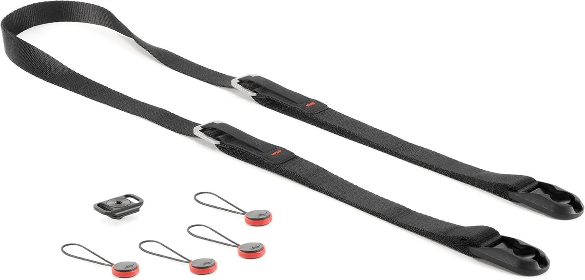 Flat woven strap with metal adjusters and anchor loops, black finish
