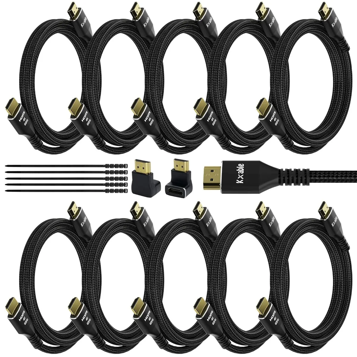 Keyence Keyence HDMI cable 10 pack 4K 60Hz 18Gbps 30AWG 25 ties 2 adapters 270 90 degree — product photo