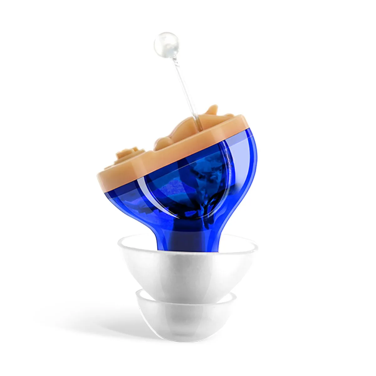Small beige in-canal hearing amplifier for left ear with blue faceplate