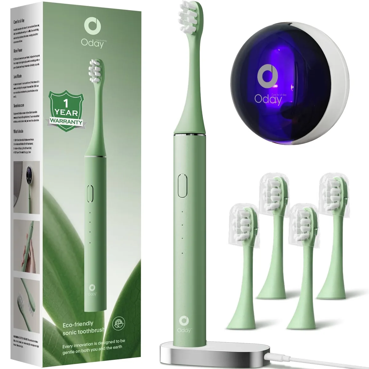 Green sonic electric toothbrush with wall-mounted UV sanitizer holder and wireless charging base