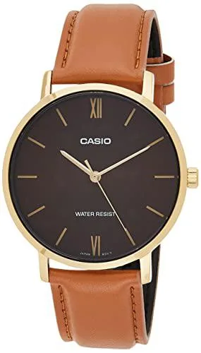 Gold-tone analog watch with brown leather strap and burgundy dial