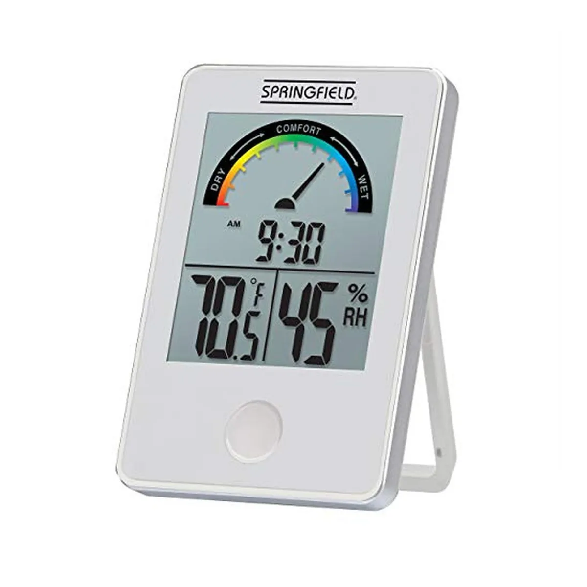White wireless indoor thermometer with large LCD display showing temperature humidity and comfort level indicator