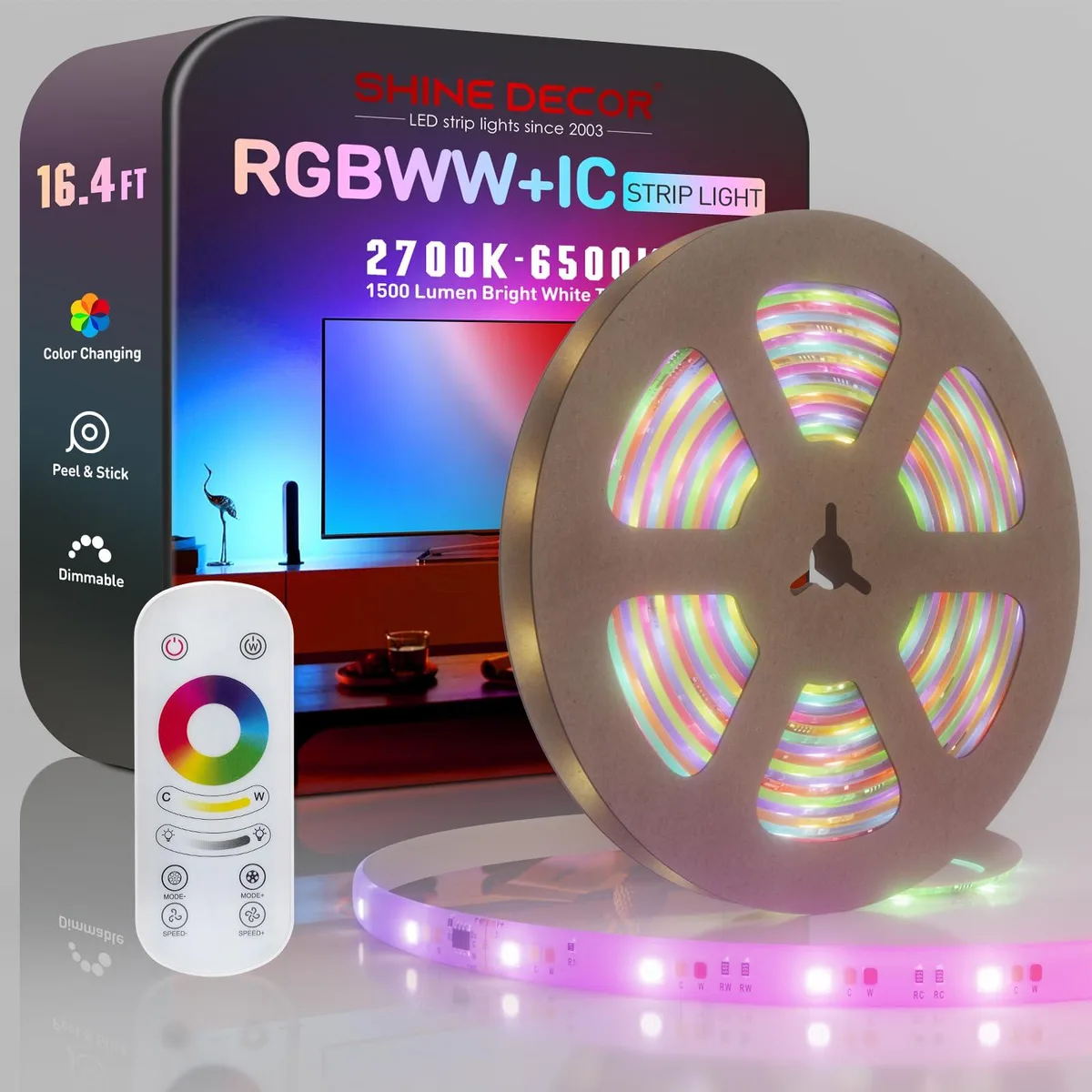 Flexible LED strip on reel, clear coating, adhesive backing, RGBWW plus CCT chips, 16.4 ft length, 24 V IP20 indoor use