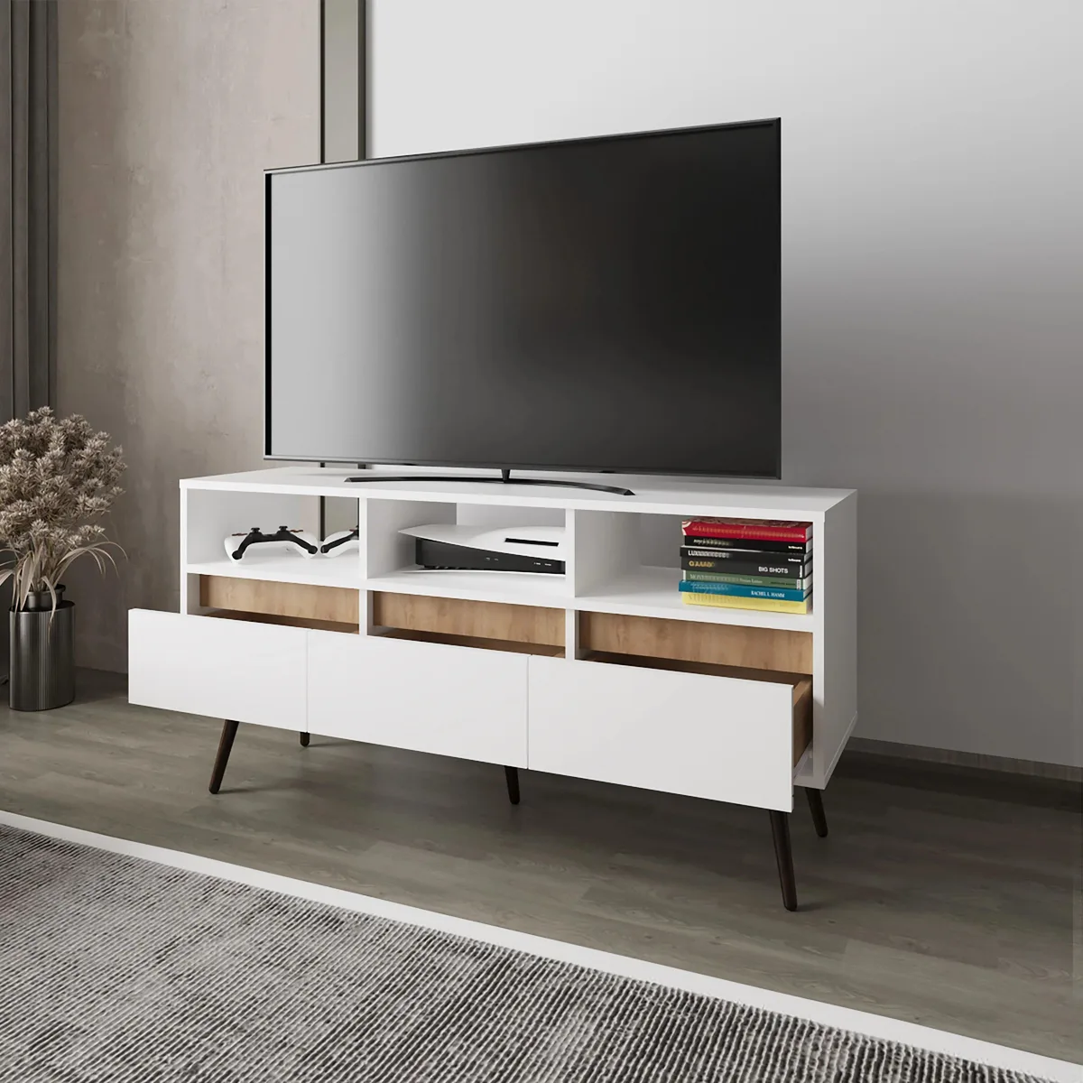 tuphen tuphen White and Natural Oak TV Stand with 3 Drawers and 3 Shelves — product photo