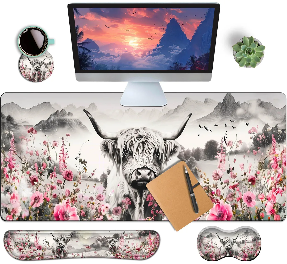  HaoSiTeck HST-DP-942406-4P-7 XXL Mouse Pad Set 35.4x15.7in Highland Cow — product photo