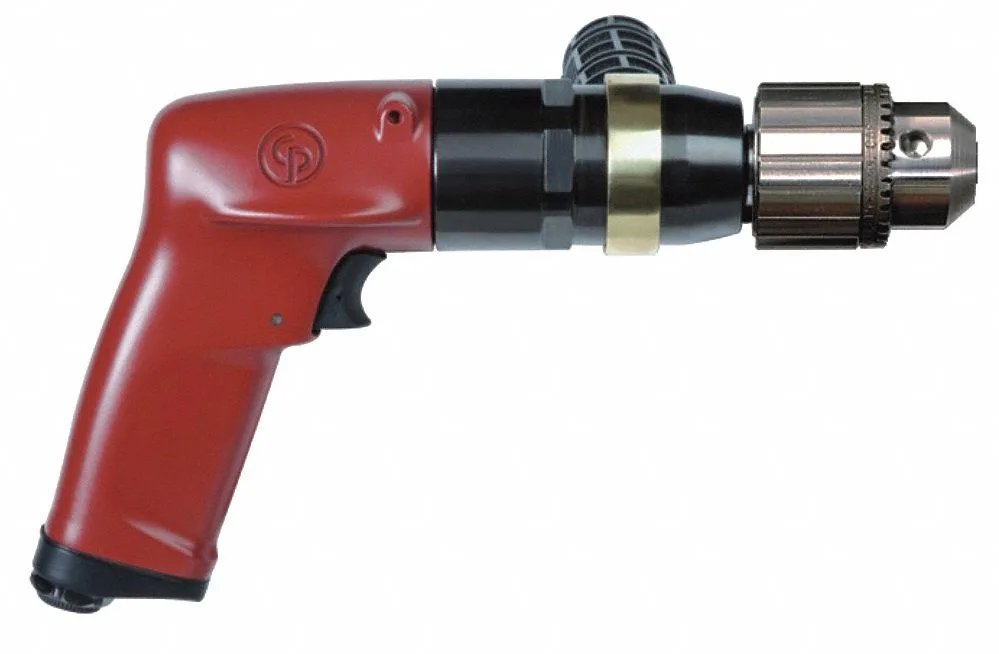 Blue aluminium pistol-grip air drill with keyless chuck and trigger throttle