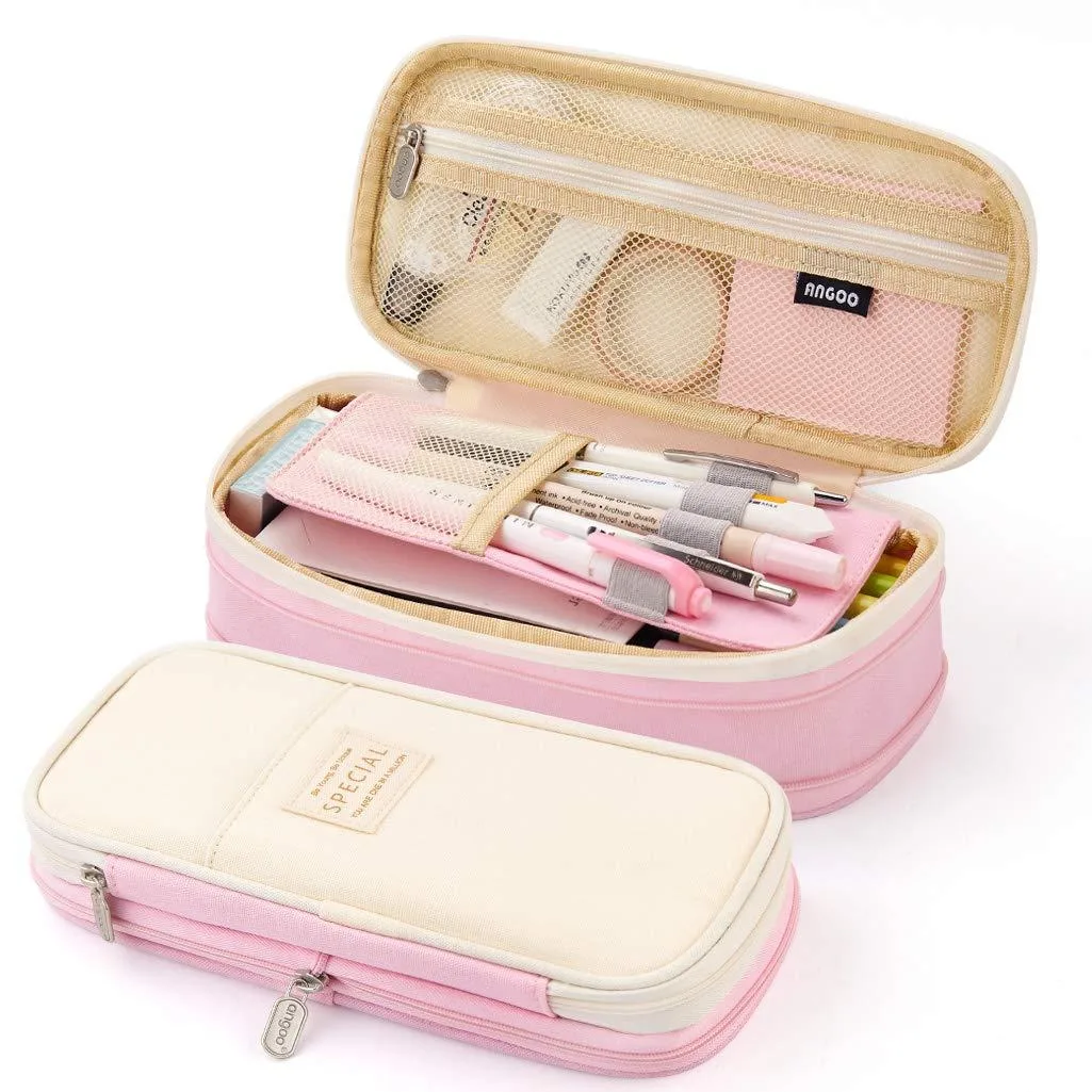 Pink canvas pencil case 13 inches folded rectangular shape zipper closure